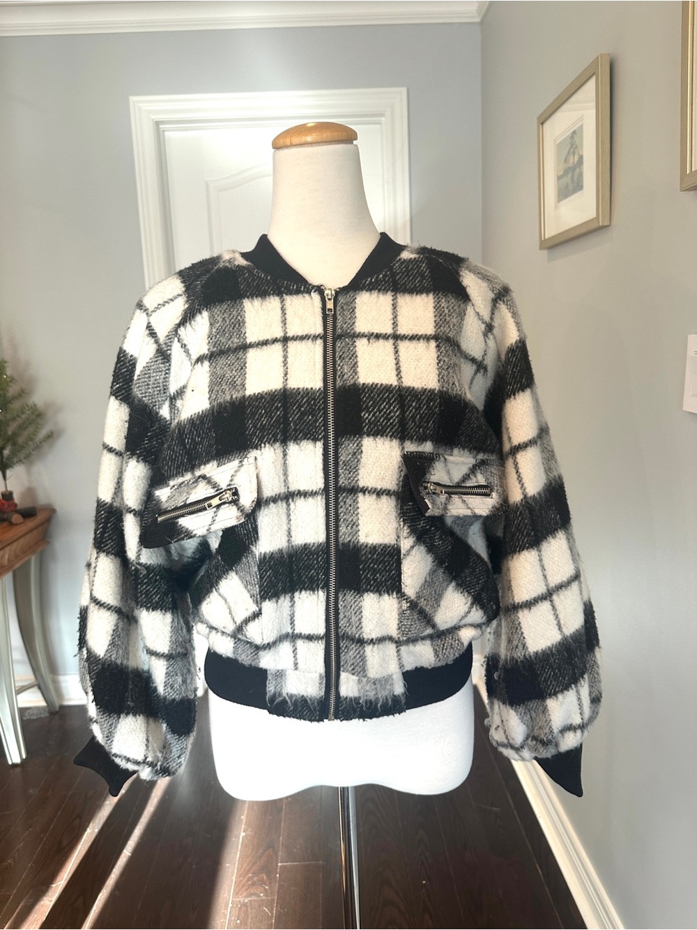 Forever 21 Black & White Fuzzy Plaid Bomber Jacket - Size M